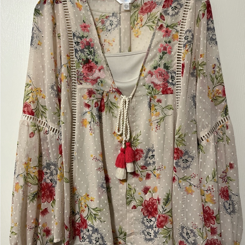 Time and Tru Floral Print Blouse with Tassel Ties